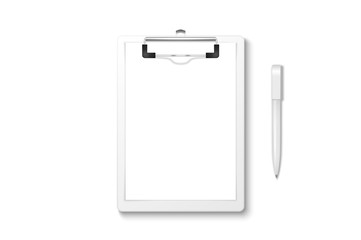 Vector 3d Realistic White Clipboard with Blank Paper, Metal Clip, Automatic Pen Set Closeup Isolated on White Background. Design Template for Notes, Mockup, Checklist, Questionnaire, Reminders