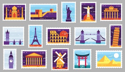 World cities post stamps. Travel postage stamp design, city attractions postcard and town. Monumets post letter stamping, travelling mail stamps. Isolated vector illustration icons set © Tartila