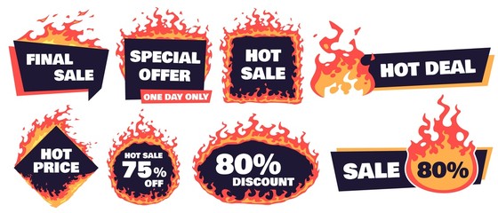 Hot sale badges. Fire deal banner, hot price badge and promotion offer flaming label frame. Store sale symbols, shopping price flyer or retail specials burn prices. Isolated vector signs set