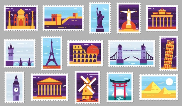 World cities post stamps. Travel postage stamp design, city attractions postcard and town. Monumets post letter stamping, travelling mail stamps. Isolated vector illustration icons set
