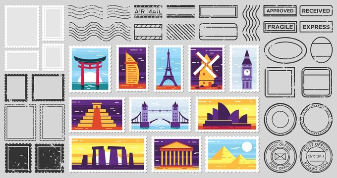 Traveler mail post stamp. City attractions postcard, fragile stamp and postage frames. Postal letters mail stamps, countries monuments marks. Isolated vector symbols set