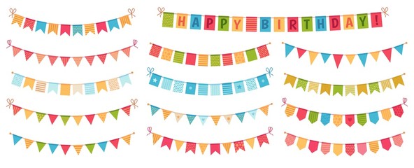 Party bunting. Color paper triangular flags collected and draped in garlands, happy birthday buntings. Party celebration bunting, fabric festive flag. Cartoon isolated vector icons set