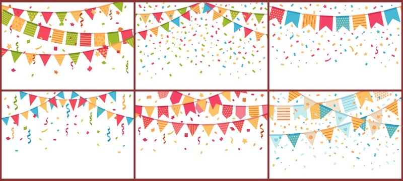 Birthday party bunting and confetti. Color paper streamers, confettis explosion and buntings flags. Festival celebration flag, decorative bunting. Isolated cartoon vector background set