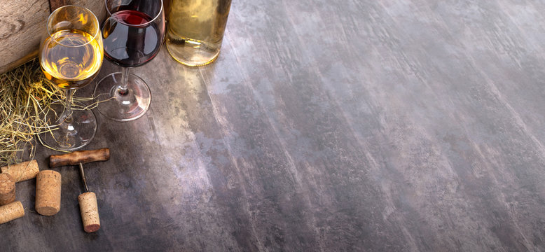 Wine Bottles And Glass On Table With Copy Space