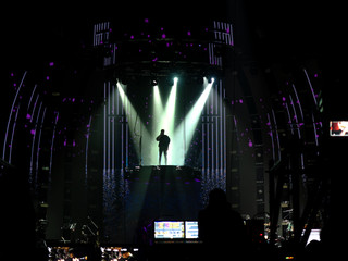 Bright beautiful rays of light on an stage before the concert.