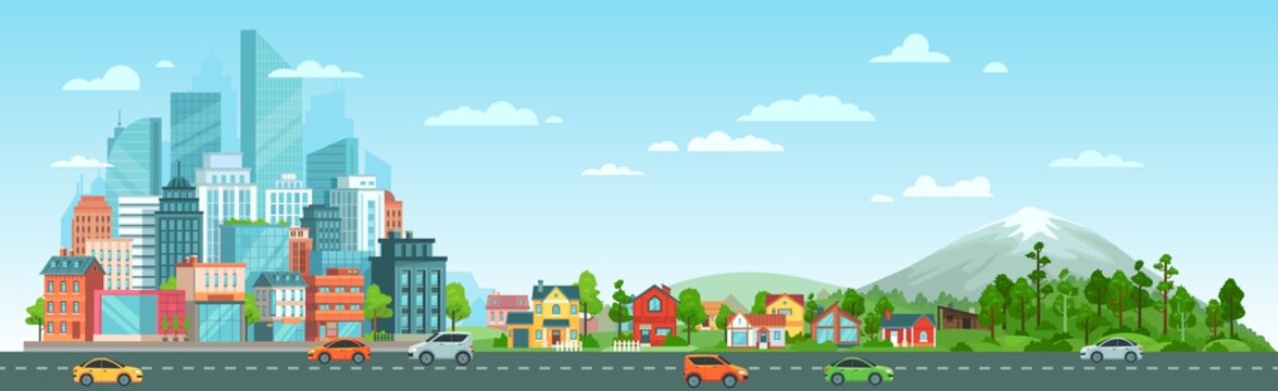 Urban road with cars landscape. City road traffic, big city buildings, suburban houses and wild nature landscape. Residential and road panorama, transportation district vector illustration