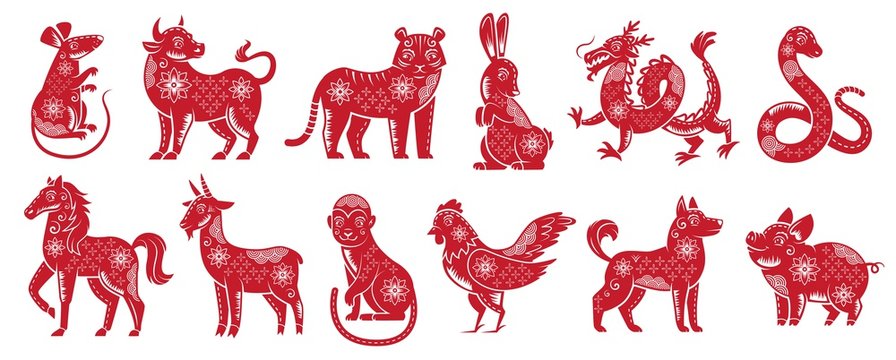 Chinese Zodiac New Year signs. Traditional china horoscope animals, red zodiacs silhouette. Astrological calendar cat, dragon and tiger mascots. Isolated vector illustration icons set