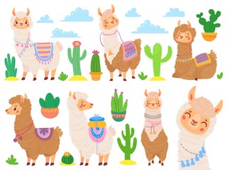 Cartoon mexican alpaca. Funny llamas, cartoon cute animal and llama with desert cactus. Sweet alpaca stickers, mexico fluffy drama llamas characters. Isolated vector icons set
