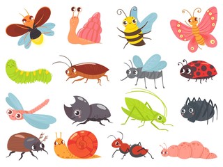 Fototapeta Cartoon bugs. Baby insect, funny happy bug and cute ladybug. Insects mascots, different bugs characters warm, comic snail and butterfly. Isolated vector icons set obraz