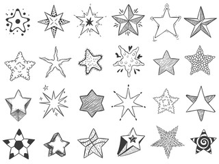 Sketch stars. Doodle star shape, cute hand drawn starburst and rating stars. Shiny ink stars sketch, drawing starry doodle reward sticker. Isolated vector icons set