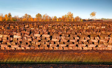 Rows of cutted peat at an excavation side in a peat bog at Northwestern Germany