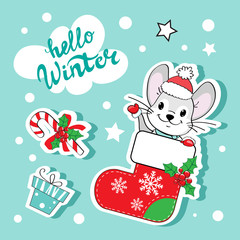Fashionable stickers a cute mouse sits in a Christmas sock, a gift and the inscription hello winter on a blue background