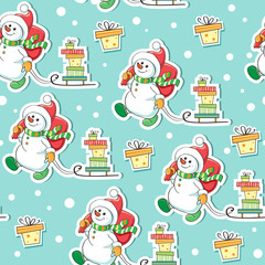 Merry Christmas snowman carries a sled with gifts on a blue background seamless pattern