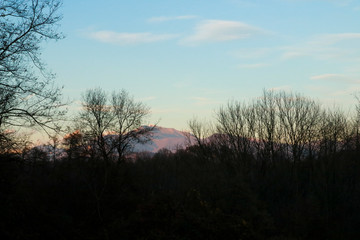Tramonto con panorama delle montagne e alberi del bosco in una giornata d'autunno, stagioni e natura