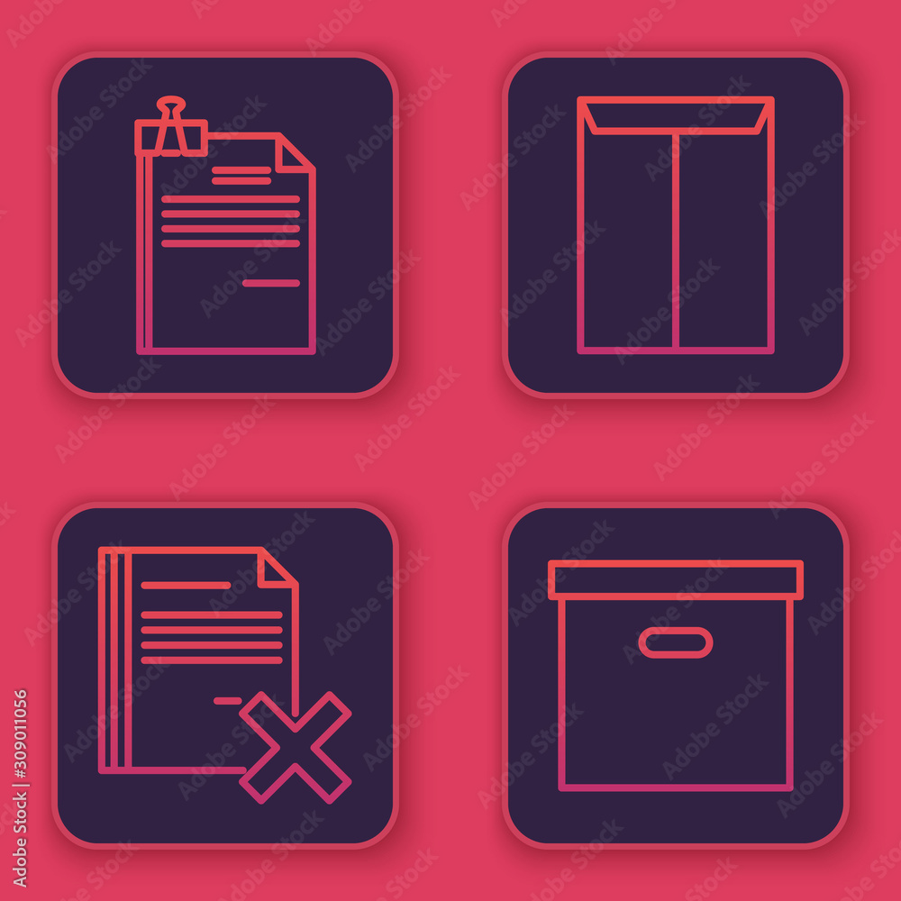 Poster set line file document and binder clip, delete file document, envelope and carton cardboard box. blu