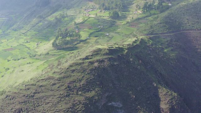 Flight over the mountains in Sacred Valley in Cusco, Peru.