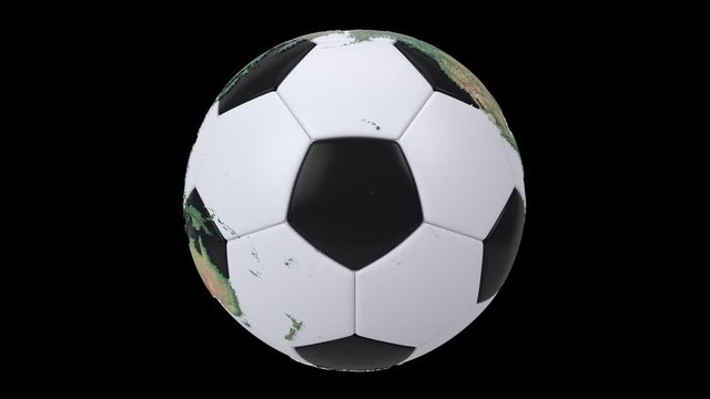 Realistic soccer ball isolated on black screen. 3d seamless looping animation. Detailed world map on black and white soccer ball.