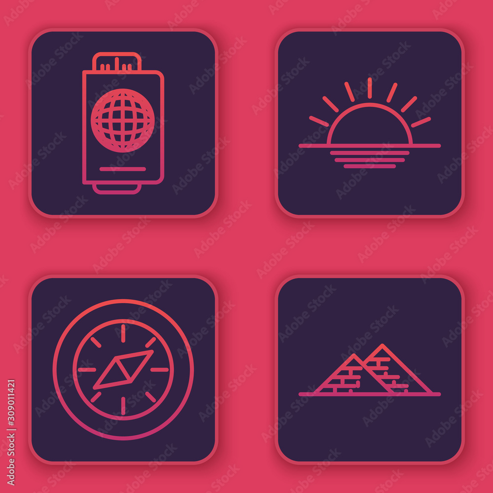 Wall mural set line passport with ticket, compass, sunset and egypt pyramids. blue square button. vector