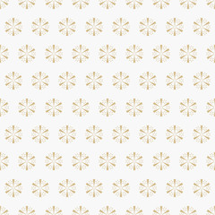 Golden geometric snowflakes seamless pattern. Luxury vector Christmas background with small gold snow flakes on white backdrop. Winter holidays texture. Elegant design for decor, print, package, web