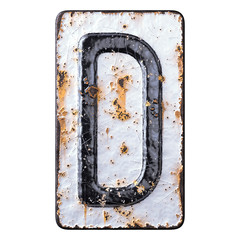 3D render capital letter D made of forged metal on the background fragment of a metal surface with cracked rust.