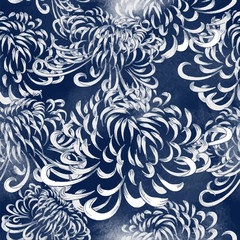 Watercolor seamless japanese pattern in traditional blue and white shades. Chrysanthemum. Ethnic vector wallpaper and backgrounds