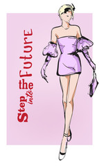 Beautiful young women in a pink dress. Hand drawn stylish woman. Fashion lady. Outfit Sketch. Fashion model posing. Hand drawn fashion woman.