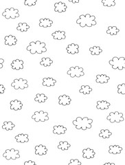 Lovely Seamless Vector Pattern with White with Black Outline Hand Drawn Clouds Isolated on a White Background. Simple Cloudy Sky Vector Design.  Loveley Nursery Art with Black Skechted Fluffy Clouds. 
