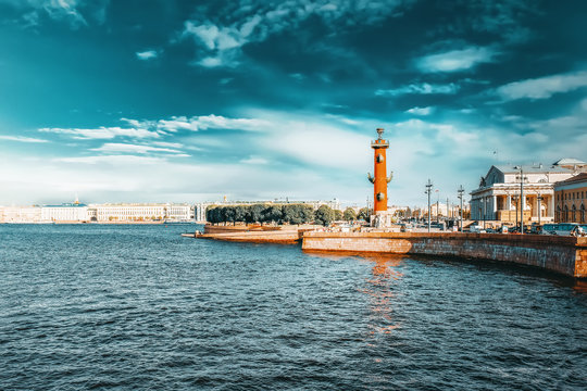 Rostral Column  in Saint Petersburg in Russia. Evening.