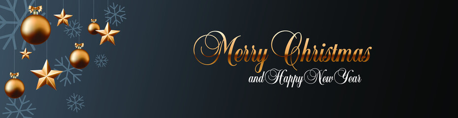 Fototapeta premium Merry Christmas banner or website header vector template. Calligraphic lettering with Christmas balls, stars and snowflakes on black background.