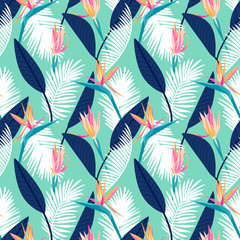 Fototapeta na wymiar Bird of paradise flower, strelitzia tropical floral seamless pattern with trends fashion colors. Pantone color of the year 2020 aqua menthe