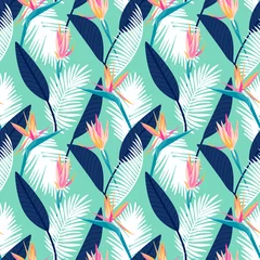 Wall murals Turquoise  Bird of paradise flower, strelitzia tropical floral seamless pattern with trends fashion colors. Pantone color of the year 2020 aqua menthe