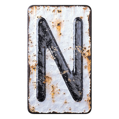 3D render capital letter N made of forged metal on the background fragment of a metal surface with cracked rust.