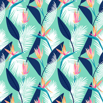  Bird of paradise flower, strelitzia tropical floral seamless pattern with trends fashion colors. Pantone color of the year 2020 aqua menthe