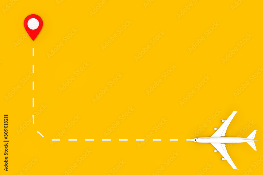 Poster White Jet Passenger's Airplane Fly to Map Pointer Pin. 3d Rendering