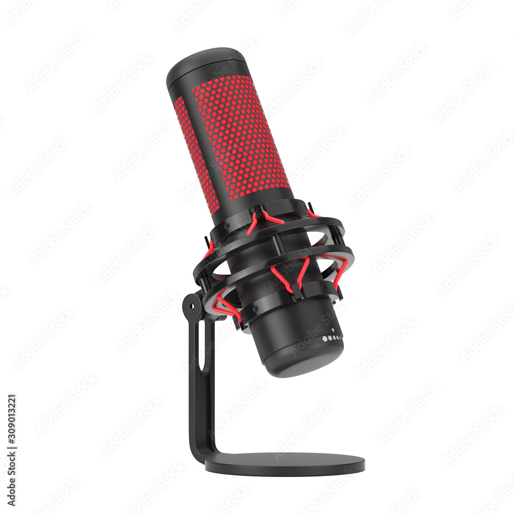 Poster modern desktop condencer studio microphone. 3d rendering