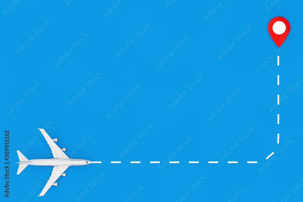 Poster White Jet Passenger's Airplane Fly to Map Pointer Pin. 3d Rendering