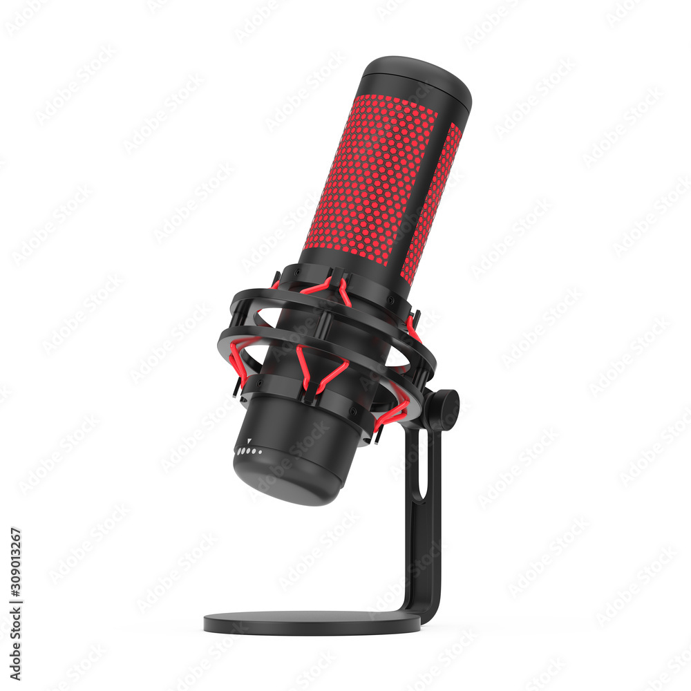 Poster modern desktop condencer studio microphone. 3d rendering