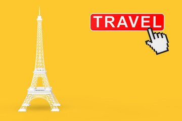 White Paris Eiffel Tower Statue with Travel Button and Pixel Icon Hand. 3d Rendering