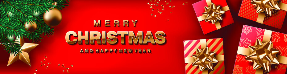 Vector website header od banner Christmas template with red background. Realistic Christmas tree branch with lights, decorations, gifts with a golden bows, confetti.
