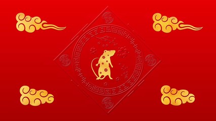 Gold Chinese New Year background with gold and black, rat, 3D rendering. Magical Happy new year animation.