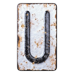 3D render capital letter U made of forged metal on the background fragment of a metal surface with cracked rust.