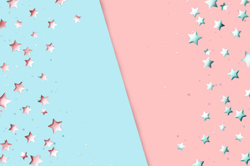 Big beautiful festive holiday background, banner (poster) with stars and confetti. Shining celebration background on pink and blue colors with shadow. Top view, copy space for your text.