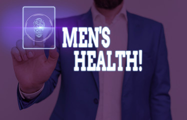 Conceptual hand writing showing Men S Health. Concept meaning state of complete physical mental and social well being by analysis