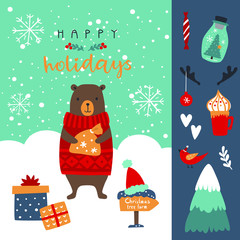 New Year greeting card with bear , gift boxes , snowflakes , sweets , bird , tree ,cup and inscription Happy Holidays . Christmas vector set