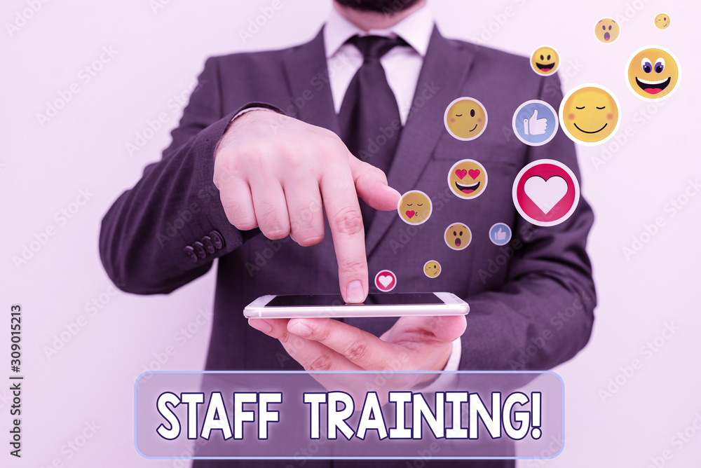 Poster conceptual hand writing showing staff training. concept meaning learn specific knowledge improve per