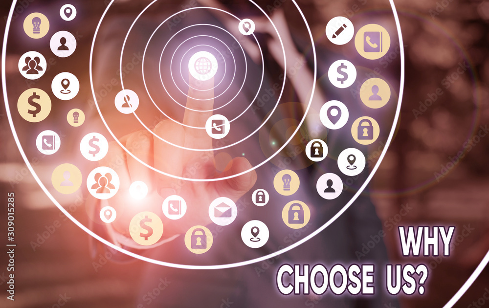 Poster word writing text why choose us question. business photo showcasing list of advantages and disadvant