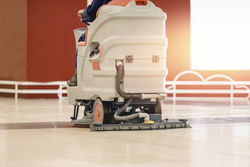 Close-up sweeper machine cleaning. Concept clean airport from debris
