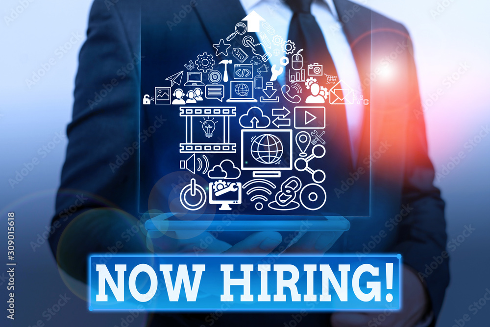 Poster writing note showing now hiring. business concept for finding evaluating working relationship with f