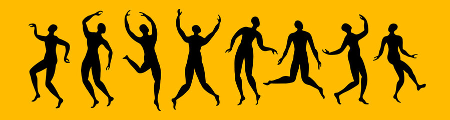 Group of people silhouettes performing in different poses. Banner with black figures on yellow background. Vector illustration.