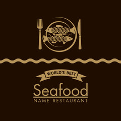 seafood menu design with fish and plate on black background